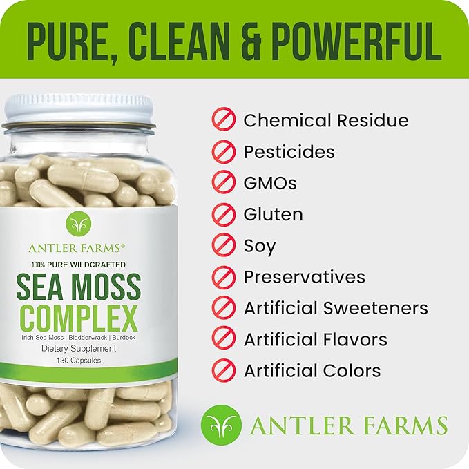 Antler Farms – 100% Pure Sea Moss Complex 130 Capsules Wildcrafted Irish Sea Moss Bladderwrack and Burdock Root – A Potent Blend for Wellness Vegan-Friendly Gluten Soy and Dairy Free