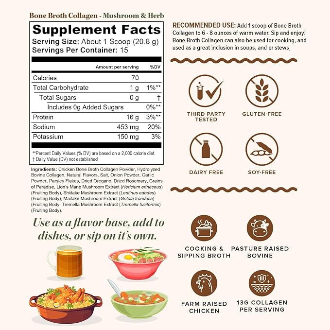 Bone Broth Collagen Powder 16g Collagen Protein per Serving Supports Joints Skin Nails &amp Gut Health Made from Real Beef Bone Broth Savory Collagen for Soups &amp Stews Mushrooms Herb Flavored 15