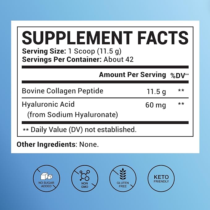 Collagen Peptides Powder with Hyaluronic Acid – Hydrolyzed Protein for Men &amp Women – Unflavored Collagen Supplement – Clean &amp Simple Ingredients – Skin Hair Nail &amp Joint Support - 483 g