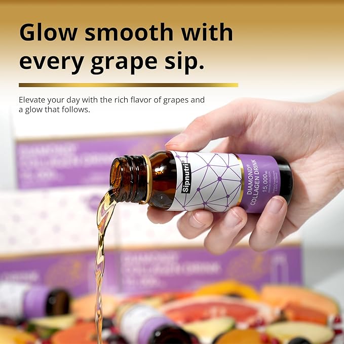 Diamond Collagen Drink -15000mg Marine Collagen Peptides Liquid Shots for Women &amp Men Hydrolyzed with Vitamin C &amp Pomegranate Grape Flavor Supports Skin Hair Nail Health -1.69 fl oz x10