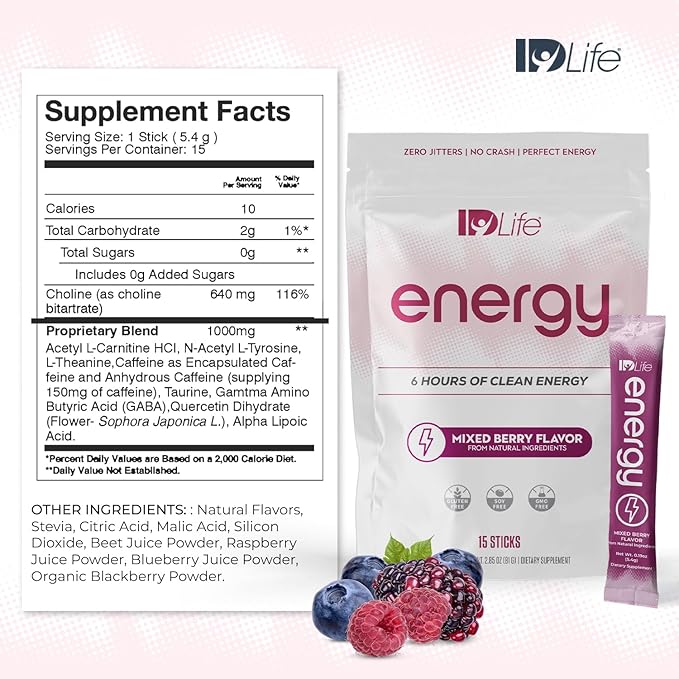 IDLife Energy - Mixed Berry - Sustained Power Boost with Powder Healthy Drink for Work Gym &amp Daily Use 6 Hours of Boost - 15 Sticks per Bag
