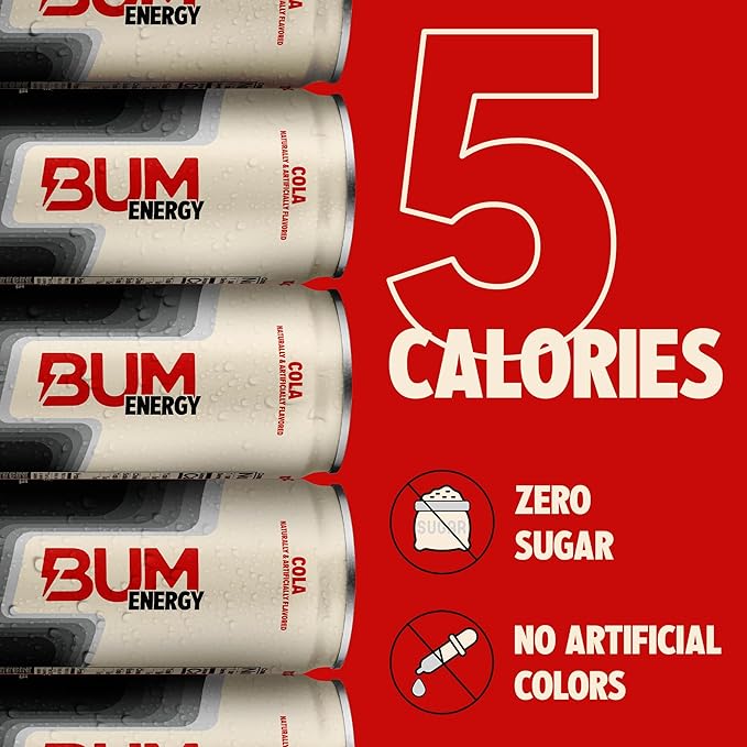 BUM Sugar-Free Energy Drink Cola - Lightly Carbonated &amp No Artificial Colors Natural Caffeine &amp Citicoline for Energy &amp Focus Brain Boost &amp Workout Sports Beverage - 12 oz Pack of