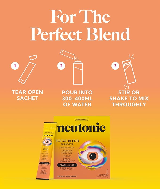 Neutonic Nootropic Focus Blend Powder | Peach Mango 16 Sticks | Caffeine Free Zero Sugar | Support Memory Mental Clarity Cognitive Function | Boost Focus Energy Brain Health