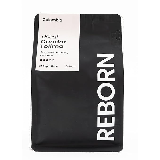Reborn Coffee Specialty Whole Bean Decaf Coffee Medium Roast 12 Ounce Colombia Condor Tolima Flavor Notes of Berry Caramel Peach and Cinnamon
