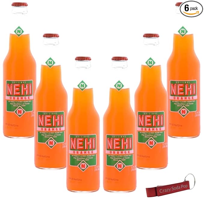 Nehi Orange Soda | Real Cane Sugar | Caffeine Free | Throwback Retro Bottle | 12 oz Glass Bottles with Crazy Soda Pop Bottle Opener (6 Pack)