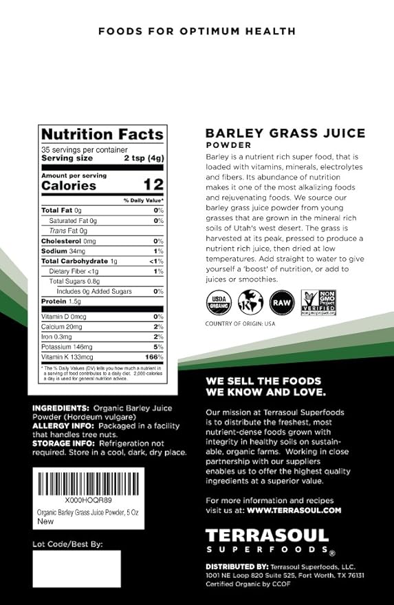 Terrasoul Superfoods Organic Barley Grass Juice Powder 10 Oz - USA Grown | Made From Concentrated Juice | Superior to Barley Grass