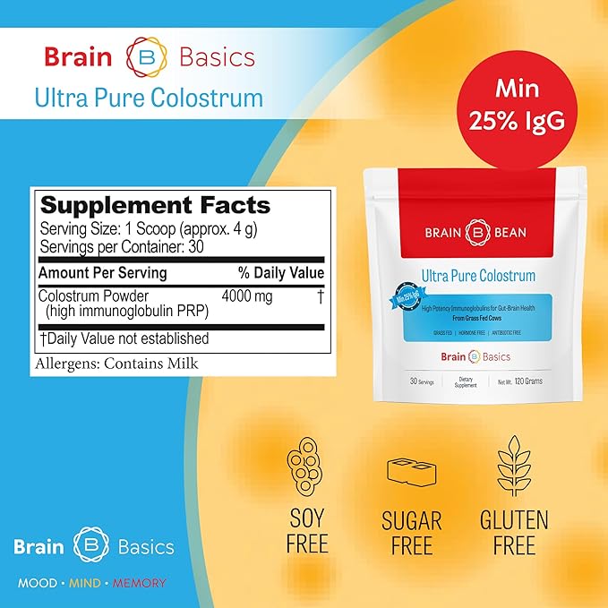 Brain Basics Ultra-Pure Colostrum 4000mg per Serving Min 25% IgG antibodies Gut-Brain-Immune Health Glowing Hair and Skin. Colostrum Powder from Grass-Fed Cows. 120 Grams - 30 Servings