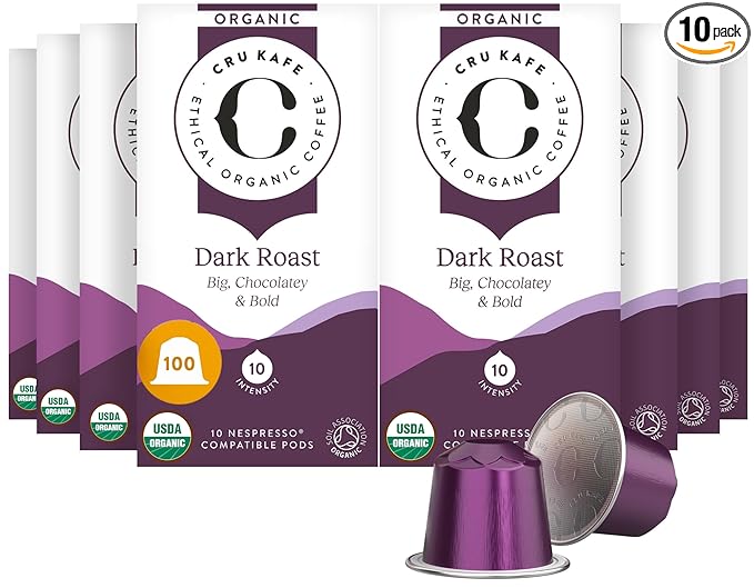 Cru Kafe Dark Roast USDA Organic Espresso Coffee Capsules (100 Pods) Fairtrade Coffee Pods Compatible with Nespresso Original Line and Pixie Machines
