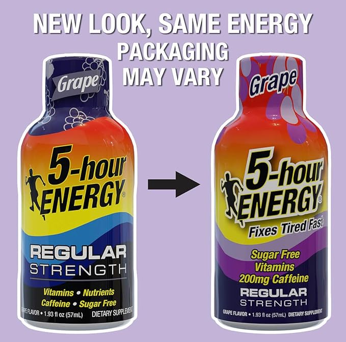 5-hour ENERGY Regular Strength Energy Shot 1.93oz 20-Pack – Sugar Free Caffeine Energy Booster with B-Vitamins &amp Amino Acids – Zero Calorie (20 Bottles – Single Flavor Grape Regular Strength)