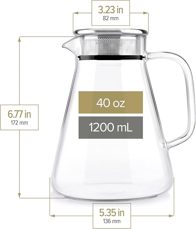 Teabloom One-Touch Tea Maker 2-in-1 Teapot and Kettle with Stainless Steel Filter Lid for Loose Tea – Stain-Free Borosilicate Glass Teapot (40 Oz) – Tea Connoisseur's Choice