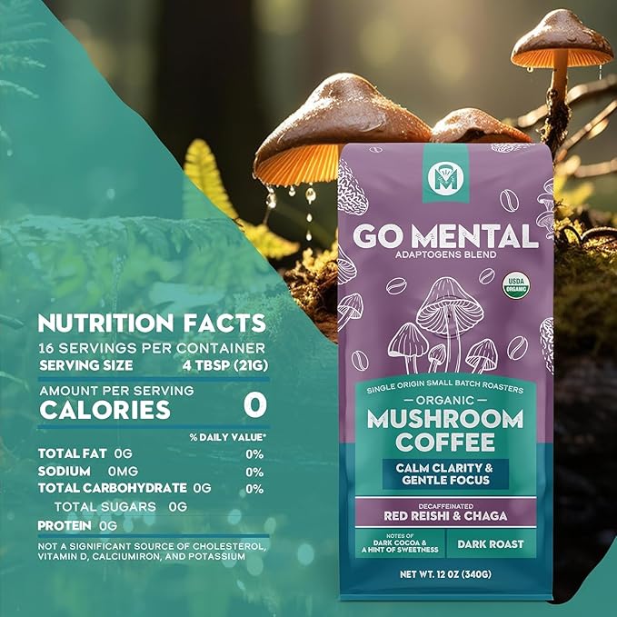 Organic Mushroom Decaffeinated Coffee Dark Roast Swiss Water Water Process Red Reishi &amp Chaga Decaf for Calm and Relaxed Focus Grade 1 Single Origin Peruvian 12oz - Ground (2 Pack)