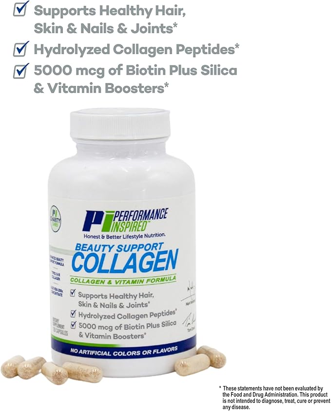 Performance Inspired Nutrition Collagen Capsules – Joint Skin Nails &amp Beauty Support – 5000mcg Biotin Silica Aloe Vera &amp Collagen Peptides – 120 Count