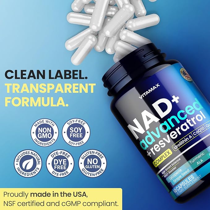 Liposomal NAD+ Supplement Extra Strength | Urolithin A Resveratrol CoQ10 - Women &amp Men - ALA Green Tea Quercetin Lycopene | High Purity Energy &amp Regeneration - Made in USA – 60ct