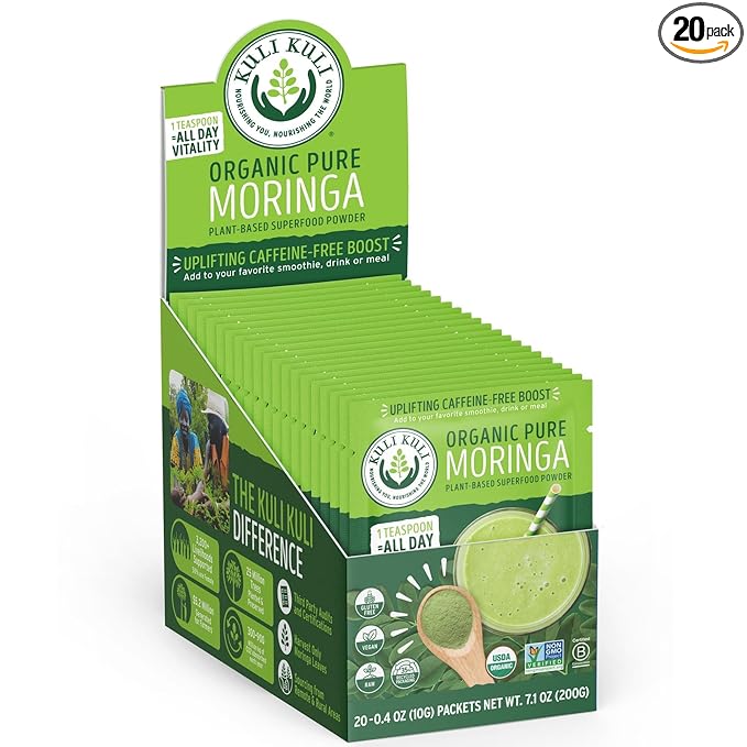 Kuli Kuli Moringa Oleifera Organic Leaf Powder &amp Green Smoothie 100% Pure USDA Certified &amp Non-GMO Moringa Powder Great with Smoothies Tea and Food 0.4 Ounce Pack of 20 (KK_PM)