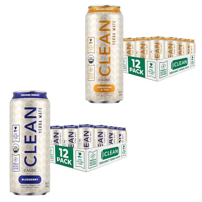 NEW! CLEAN Cause Lemonade &amp Tea and Blueberry USDA Organic Yerba Mate Tea (15.5oz cans 2-12-Pack Case) Non-Carbonated 160mg Caffeine