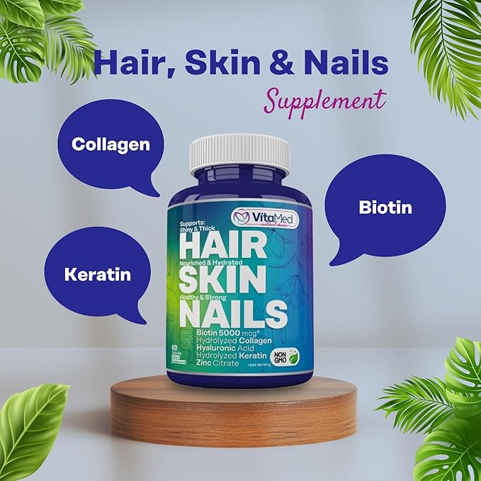 VitaMed Hair Skin &amp Nails – Biotin 5000 mcg Collagen OptiMSM Keratin Hyaluronic Acid &amp Silica | Supports Hair Growth Radiant Skin Strong Nails | Halal Non-GMO Gluten-Free – 180 Beauty