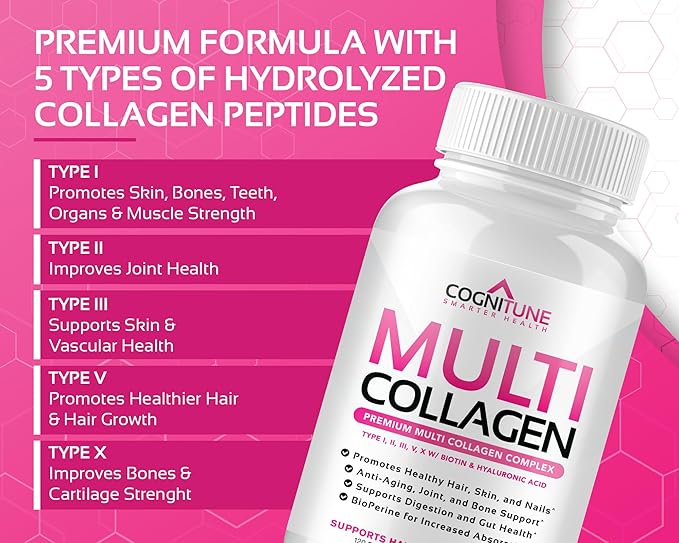 CogniTune Multi Collagen Peptides for Women with Biotin Hyaluronic Acid Vitamin C - 5 Types I II III V X Colageno Hidrolizado - 2000mg Hair Skin Nails Joints Support - 120 Capsules