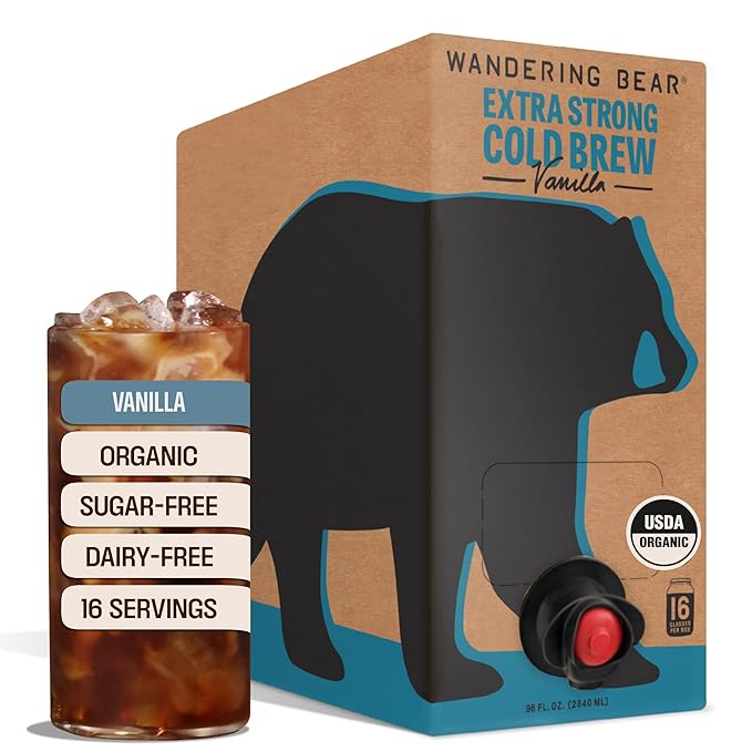 Wandering Bear Organic Vanilla Coffee Cold Brew On Tap Iced Coffee Drink -Extra Strong Smooth No Sugar Added Shelf-Stable Ready to Drink Gluten Free &amp Vegan Decaf -16 Servings of 6fl.oz -96f