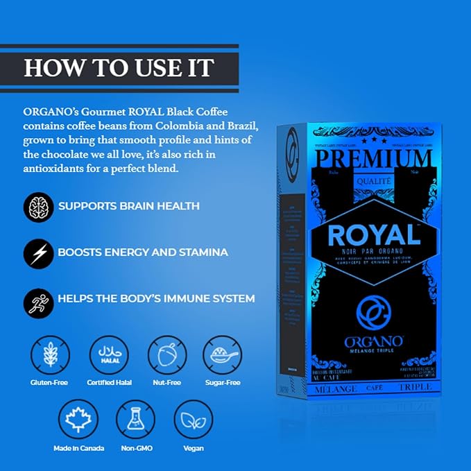 ORGANO Royal Black Medium Dark Roast Instant coffee. Infused with Triple Mushroom Blend Ganoderma Cordyceps and Lion's Mane. Aromatic and flavorful Ground Coffee Beans (25 Sachets)
