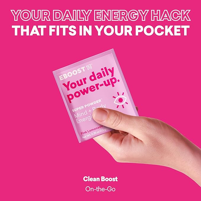 EBOOST Super Powder Drink Mix - Pink Lemonade 0.2 oz 20 Pack Hydration Energizer Electrolytes Powder - 13 Vitamins &amp Minerals - 110 mg Caffeine - 0 Added Sugar - No Artificial Flavors or Sweetener