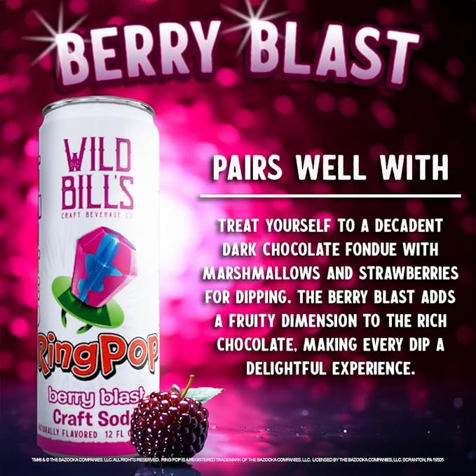 Wild Bill's Berry Blast Ring Pop Craft Soda Pop Soft Drinks – Pure Cane Sugar No HFCS Caffeine Free Vegan Gluten Free Low Sodium Lightly Carbonated - 12 Oz Cans 12 Pack