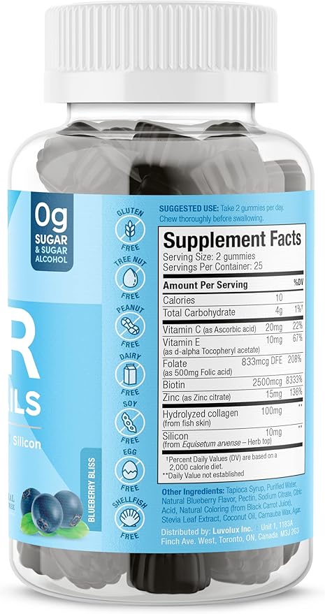 SUKU Vitamins - Luscious Hair - Silicon Biotin and Hydrolyzed Marine Collagen Gummies for Skin Hair &amp Nails - Easy to Chew - Non GMO Gluten Sugar Free - Blueberry Flavored Gummy Vitamins - 50 Co