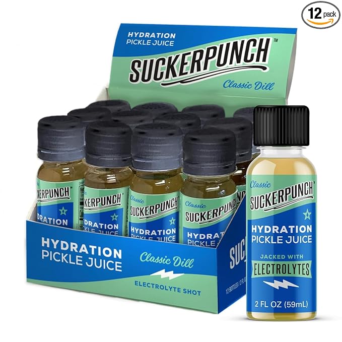 Suckerpunch Electrolyte Pickle Juice Shot Leg and Muscle Cramp Relief Sports Drink Low Calorie Gluten Free Post Workout Hydration Potassium Keto Friendly Non GMO Spicy Dill 2oz 12ct