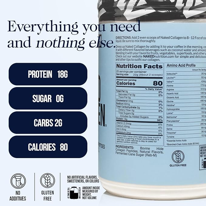 NAKED Vanilla Collagen Peptides Protein Powder 25 Servings Pasture-Raised Grass-Fed Hydrolyzed Collagen Supplement Paleo Friendly Non-GMO Keto Gluten Free 19.4oz