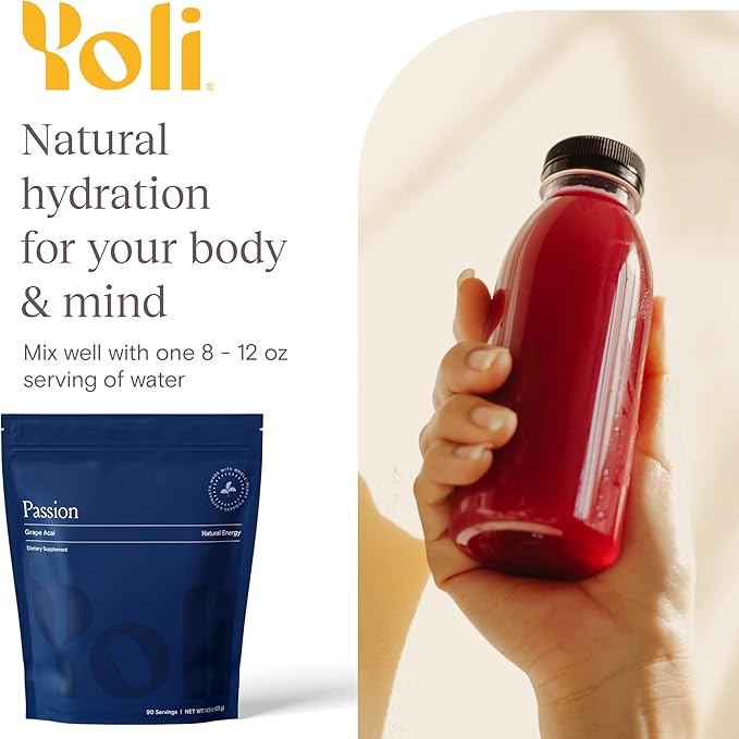 Yoli® Passion Energy Drink Powder Mix - Natural Energy Drink Mix for Endurance and Stamina Bulk 90 Servings - Grape Acai