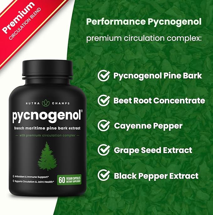 NutraChamps Pycnogenol French Maritime Pine Bark Extract Premium Circulation Complex Blood Flow Nitric Oxide Production Superior Absorption Results with Black Pepper Extract 60 Capsules