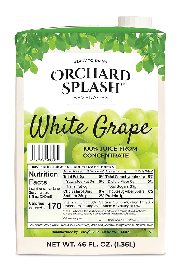 Orchard Splash 46oz Ready to Drink Juice (12 Aseptic Cartons per Case) (White Grape 100%)