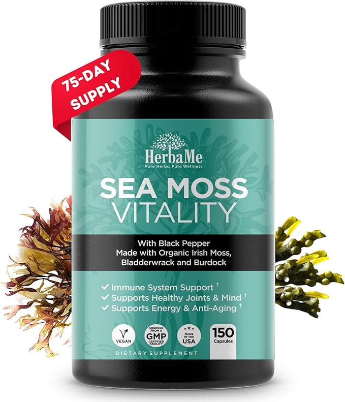 Organic Irish Sea Moss with Bladderwrack Burdock Root &amp Black Pepper Extract 150 Capsules Thyroid Support Natural Iodine Source Promotes Immune System Cell Food Alkaline Supplement