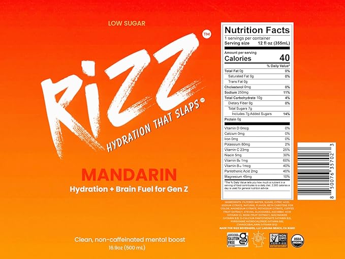Rizz: Hydration That Slaps Nootropic Drink – 12-Pack Variety (Mandarin Lemon Lime Fruit Punch) | Low Sugar Electrolytes Clean Energy &amp Focus Boost | Performance Hydration for Athletes Gamers &