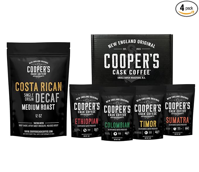 Decaffeinated Gourmet Coffee Sampler Gift Box Set - Whole Beans - 4-Pack - 4oz and Decaf Costa Rican Coffee Medium Roast - Swiss Water Processed Decaffeinated - 12oz Bag