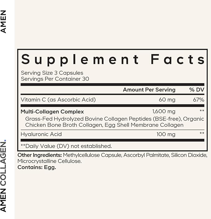 Amen Multi Collagen Peptides Capsules with Hyaluronic Acid and Vitamin C - 5 Types of Collagen Protein Type I II III V X - Grass Fed Hydrolyzed - 18 Amino Acids - Collagen Supplement - 90 Pills