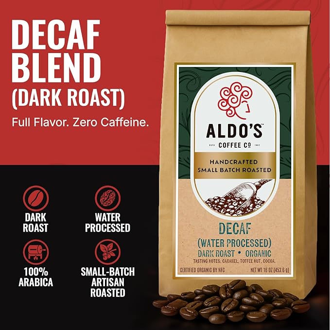 Aldo’s Coffee Co. Organic Water Process Decaf Coffee Dark Roast 100% Arabica from East Timor 16 oz (Medium Fine Grind)