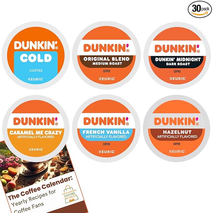 Dunkin K Cups Coffee Variety Pack 30pcs – Cold Coffee Original Blend Dark RoastCaramel Me Crazy Vanilla Hazelnut – Keurig Compatible Flavored Coffee K Cups with Recipe eBook(30units 6 Flavors)
