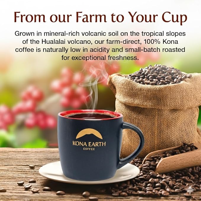 KONA EARTH 100% Kona Premium Coffee Medium Dark Roast Whole Bean 1 lb (16oz) Farm-Direct Authentic Hawaiian Kona Coffee beans from Hawaii’s Big Island Micro-Batch-Roasted