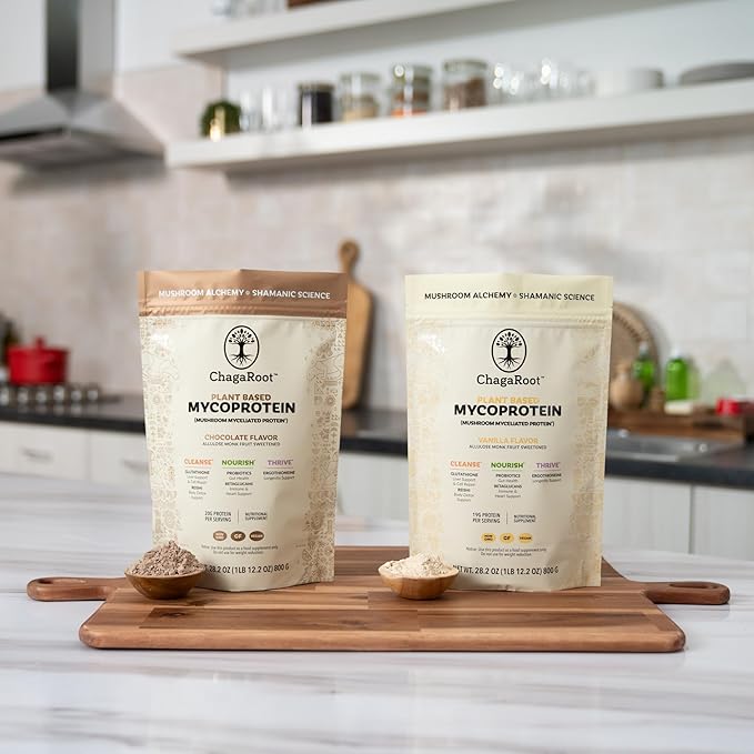 Mycoprotein Mushroom Protein Powder Chocolate Flavor 20g Plant Based Protein per Serving Reishi Chaga Lions Mane Shiitake Turkey Tail Vegan Gluten Free Coffee Smoothies 1.76 lb