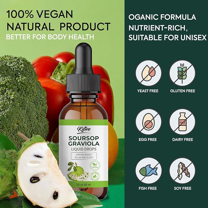 Organic Soursop Bitters Liquid Drops: Cell Support &amp Regeneration Immune Boost Relaxation-Organic Soursop Bitters Liquid Extract Pure Vegan Gluten-Free for Men &amp Women 60ml
