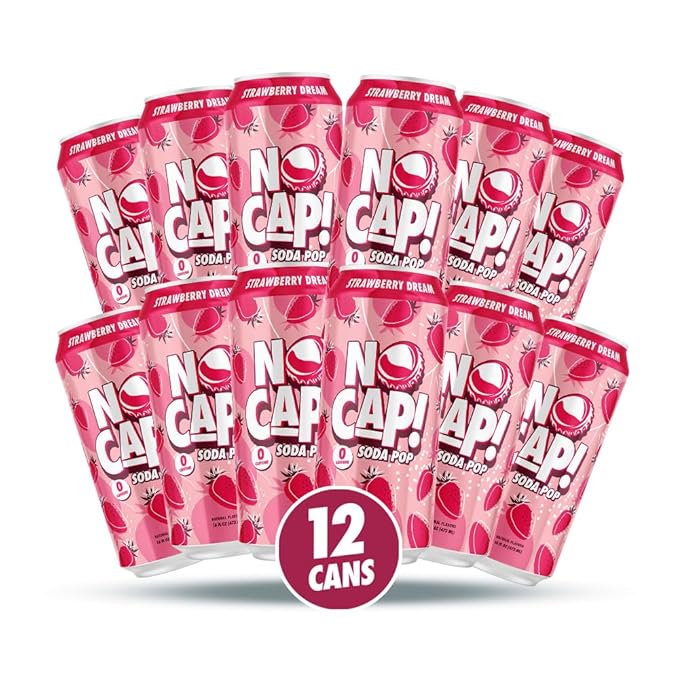 NO CAP! Next Gen Soda Pop with Zero Sugar Zero Calories and Electrolytes for Hydration Naturally Flavored Caffeine-Free Soda Vegan &amp Gluten-Free 16 oz Cans (Strawberry Dream)