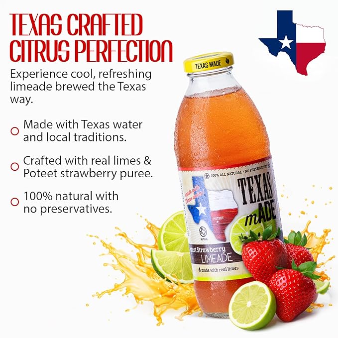 Texas mADE Poteet Strawberry Limeade Limeade Made with Pure Cane Sugar and Strawberry Flavor No Preservatives Texas Crafted Limeade 16 fl oz Pack of 12