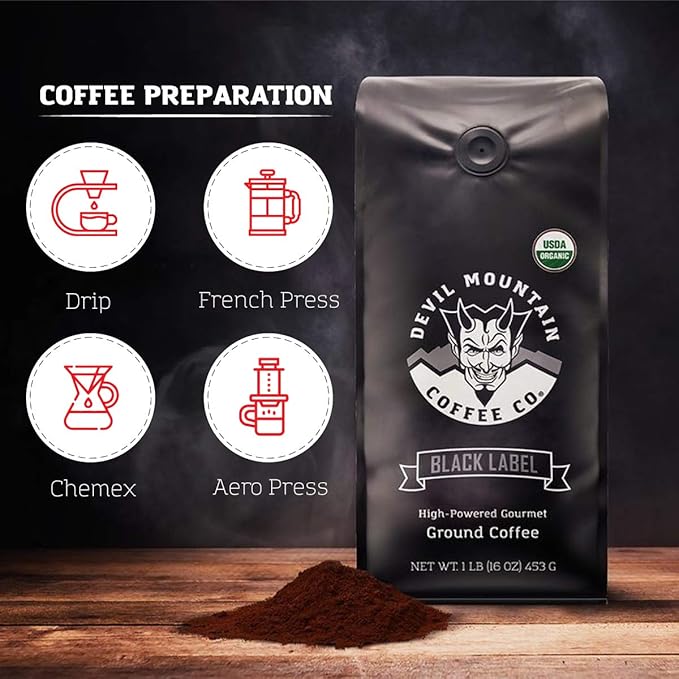 Devil Mountain Coffee Black Label Dark Roast Ground Coffee Strong High Caffeine Coffee Grounds USDA Organic Fair Trade Gourmet Artisan Roasted Strongest Coffee in the World 16 oz Bag