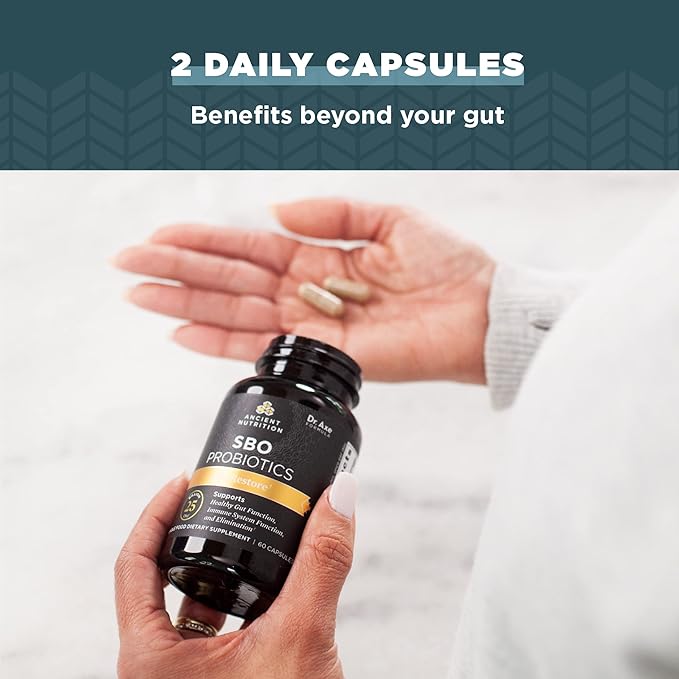 Ancient Nutrition Probiotics SBO Probiotics Gut Restore 60 Ct Promotes Gut Health Digestive and Immune Support Gluten Free Ancient Superfoods Blend 25 Billion CFUs* Per Serving