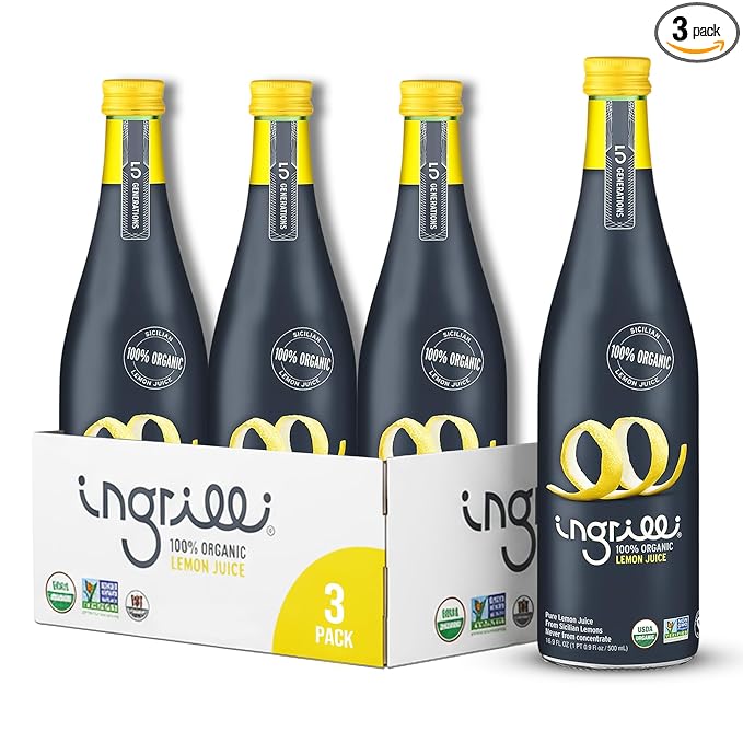 Ingrilli 100% Organic Lemon Juice 16.9 Fl Oz Glass Bottle (Pack of 3)