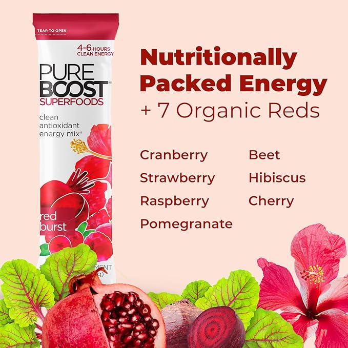 Pureboost Superfoods Clean Energy Booster Refreshing Energy Drink Mix with 7 Organic Red Superfoods Beet Hibiscus Pomegranate and Vitamins. Sugar-Free No Sucralose (Red Burst 30 Count)