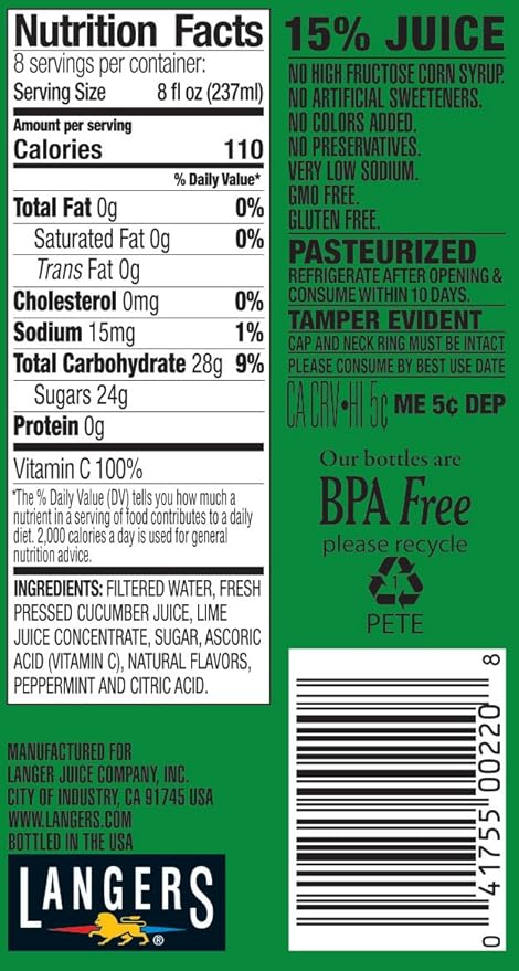 Langers Juice Cocktail Cucumber Lime With Mint 64 Fl Oz (Pack of 8)