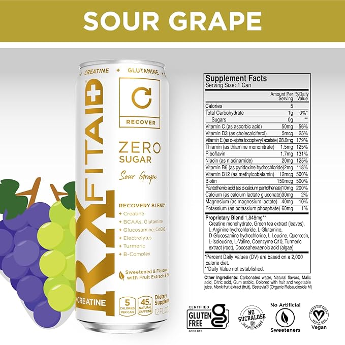 FITAID Rx Zero Keto-Friendly Number 1 Post-Workout Recovery Drink 0g Sugar Quercetin Creatine BCAAs Green Tea 5 Calories 12 Fl Oz (Pack of 12)