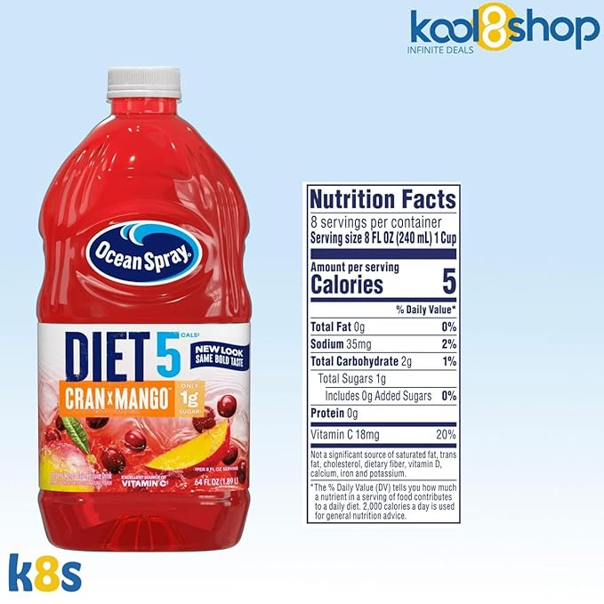 Ocean Spray Diet Cran Mango Juice Drink 64 fl oz Plastic Bottle 4 Pack + 15 Sugarcane Disposable Straws by KOOL8SHOP Infinite Deals