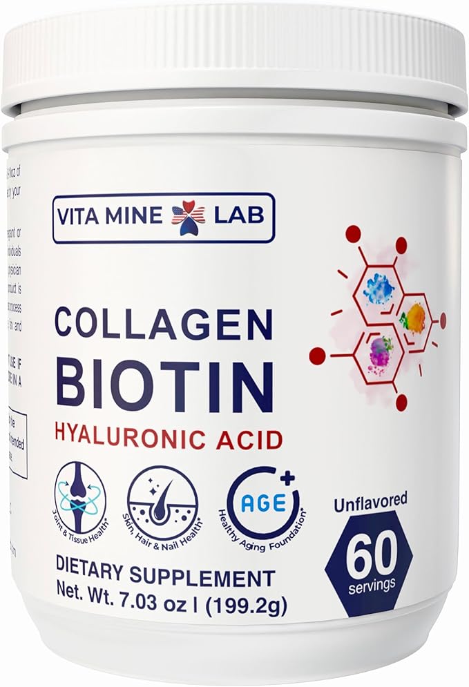 Collagen + Biotin with Hyaluronic Acid Powder Supports Healthy Skin Hair &amp Nails Gluten-Free Halal Made in USA 60 Servings Unflavored